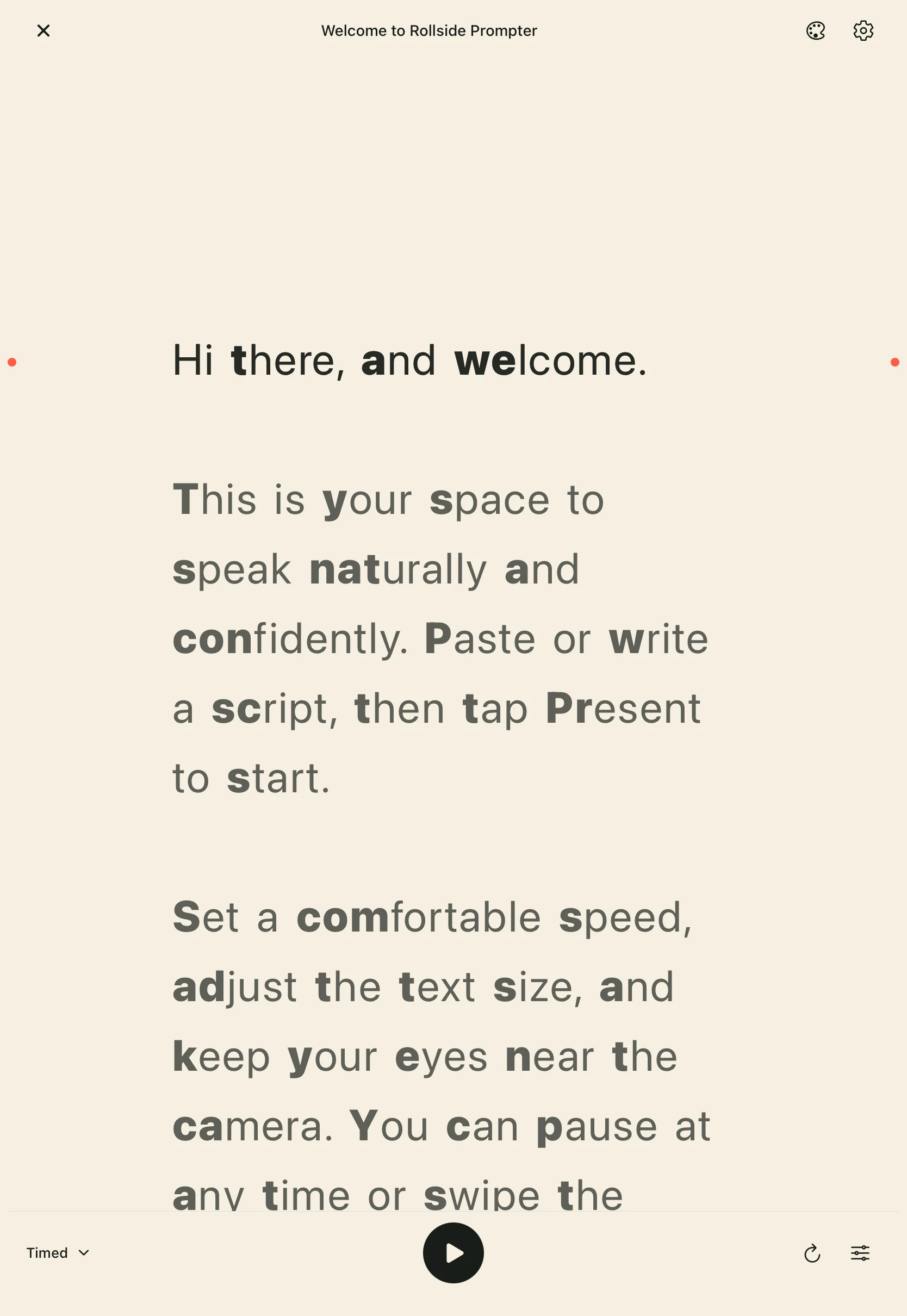 Easy reading Light on iPad, with spaced text, optional word emphasis and coral reading-focus dots