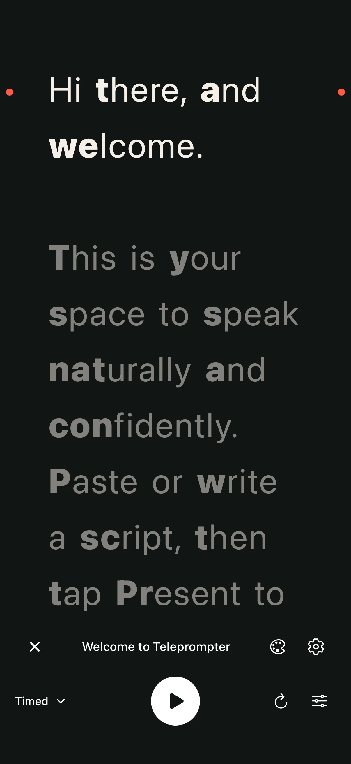 Easy reading Dark on iPhone, with word emphasis and two lines in focus