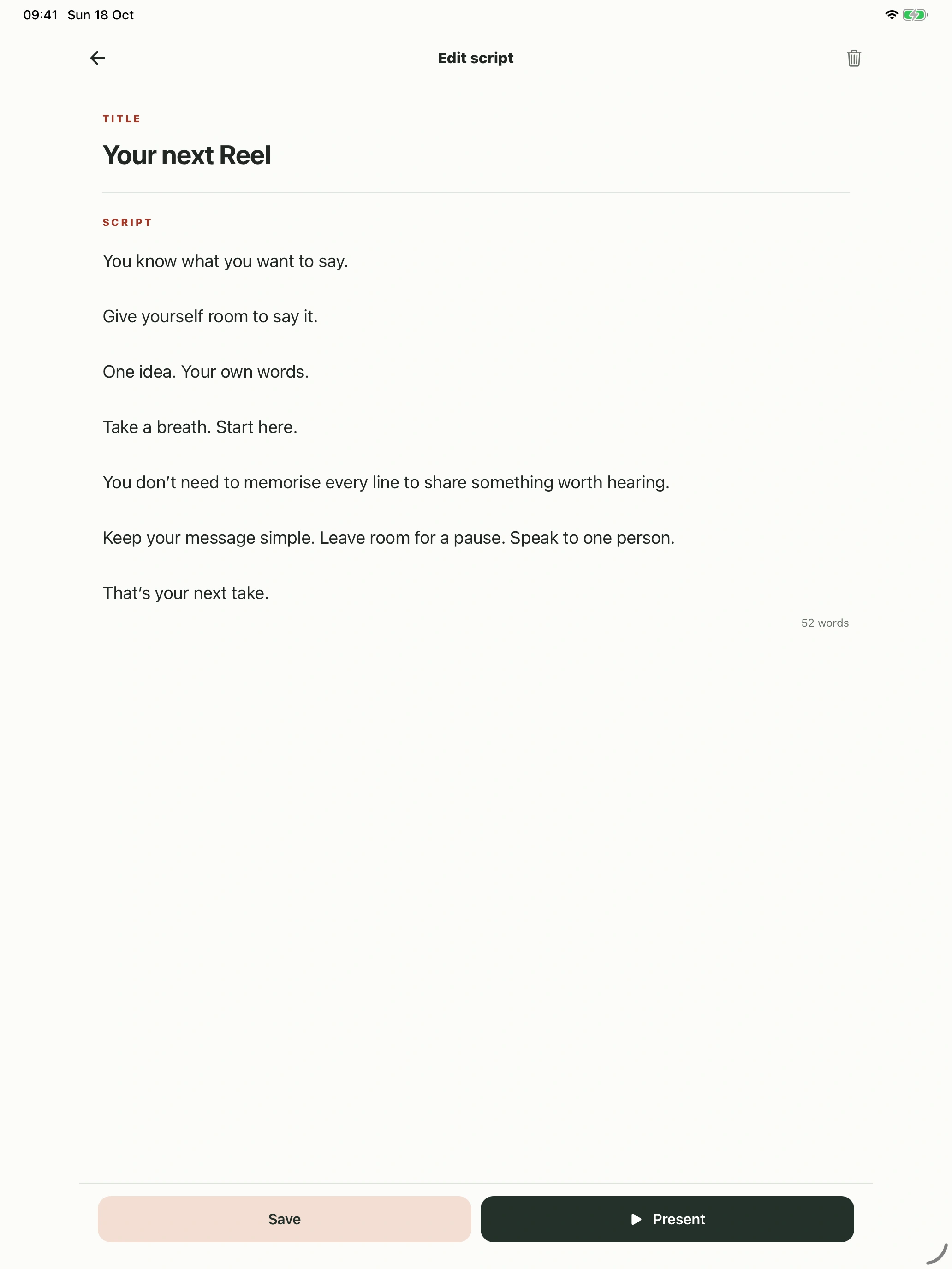 Your next Reel open in the spacious iPad script editor, with Save and Present controls