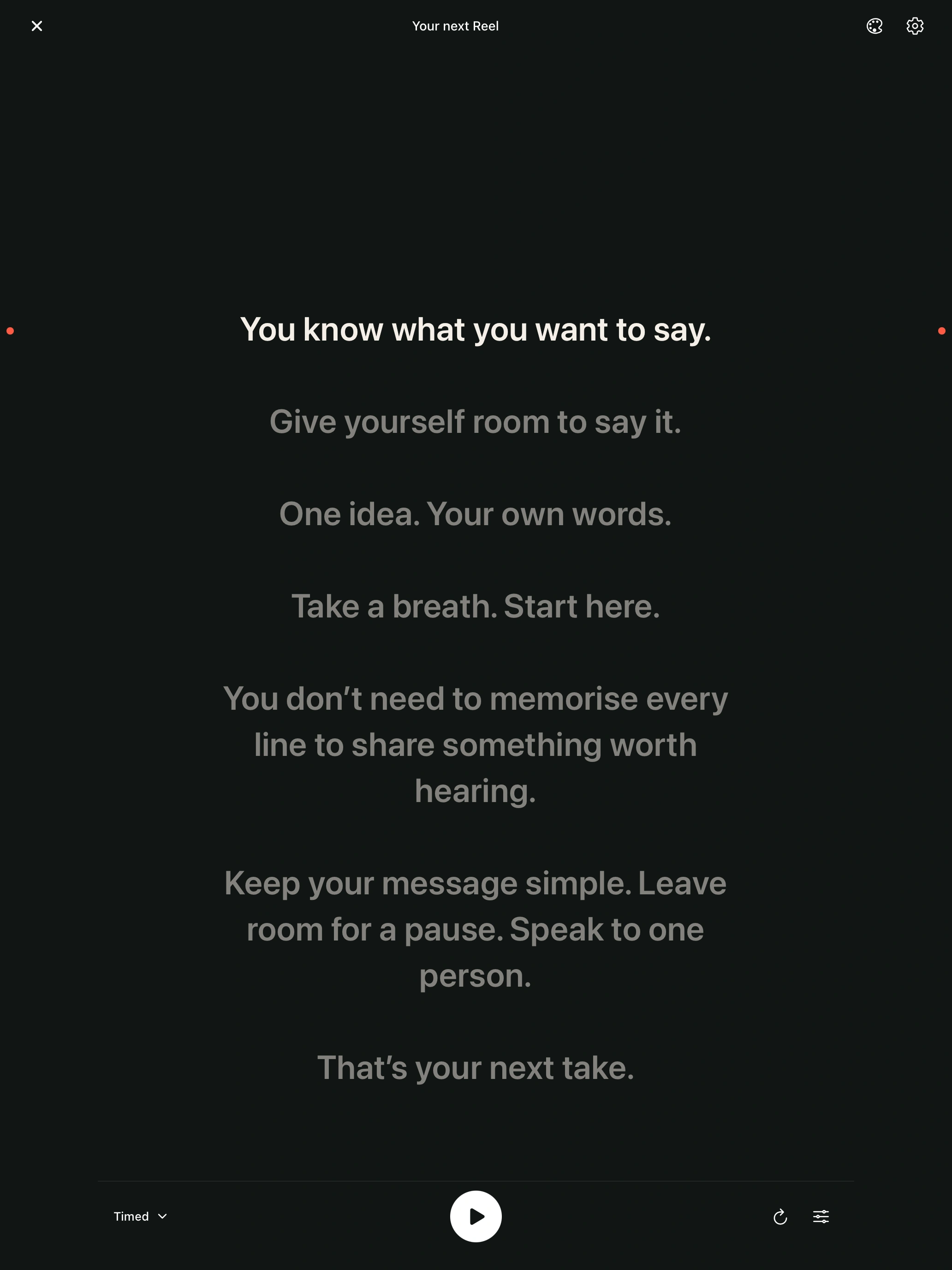 The upcoming iPad reader with dark focused words, softly dimmed surrounding text and two coral guide dots